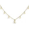 Colgante Estrellas y Luna Oro. Delicado collar dorado en plata de ley 925 bañada en oro 18k con colgantes en forma de estrellas y luna con circonitas.
