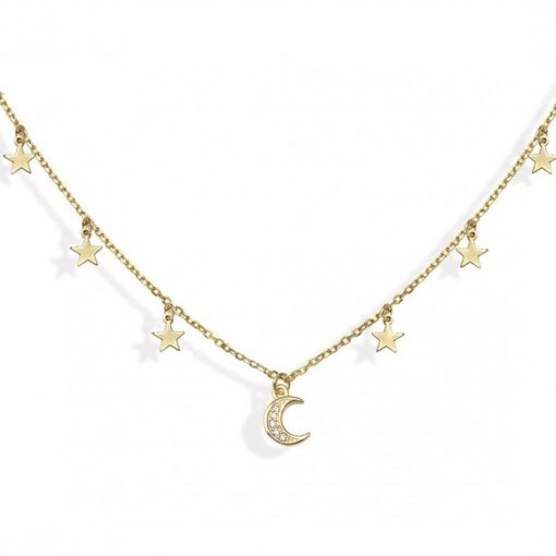 Colgante Estrellas y Luna Oro. Delicado collar dorado en plata de ley 925 bañada en oro 18k con colgantes en forma de estrellas y luna con circonitas.