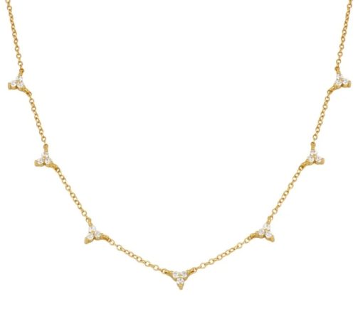 Colgante Triangulito Oro. Delicado collar dorado hecho de plata de ley chapada en oro 18k con varios colgantes en forma de triándulo con circonitas.