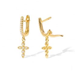 Pendientes Cruz Oro 18k. Pendientes de cruz oro dorados con charm en forma de cruces con circonitas.