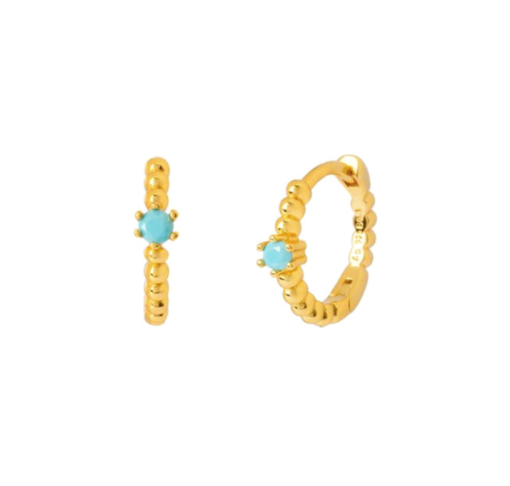 Pendientes Turquesa Bolas Oro. Pequeños pendientes de aro mini de bolas en oro con piedra turquesa en el centro.