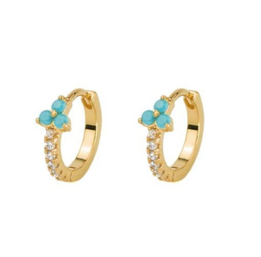 Pendientes Turquesa Tríada Aro Oro. Pequeños pendientes de aro en oro 18k con piedras turquesas y circonitas en el aro y el centro.