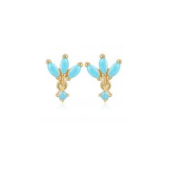 Pendientes Pequeños Tres Piedras Turquesa Oro. Pendientes pequeños y mini Piedras azul Turquesa. Plata de ley bañada Oro 18k.