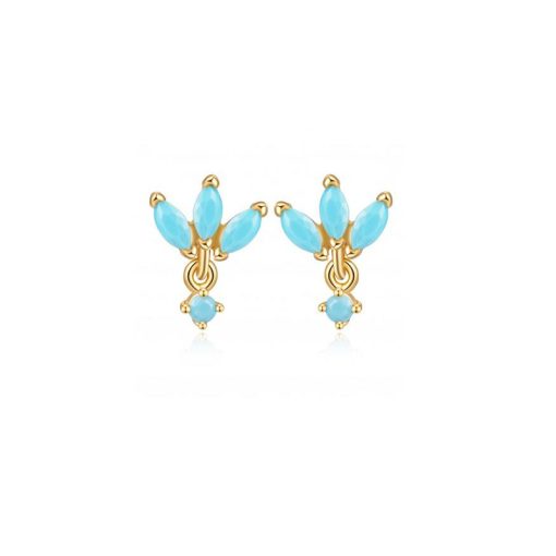 Pendientes Pequeños Tres Piedras Turquesa Oro. Pendientes pequeños y mini Piedras azul Turquesa. Plata de ley bañada Oro 18k.
