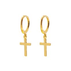 Pendientes Aro Cruz Oro. Pendientes de aro de plata de ley 925 bañados en oro 18k con charm colgante de cruz. Aros dorados con charm de cruz.