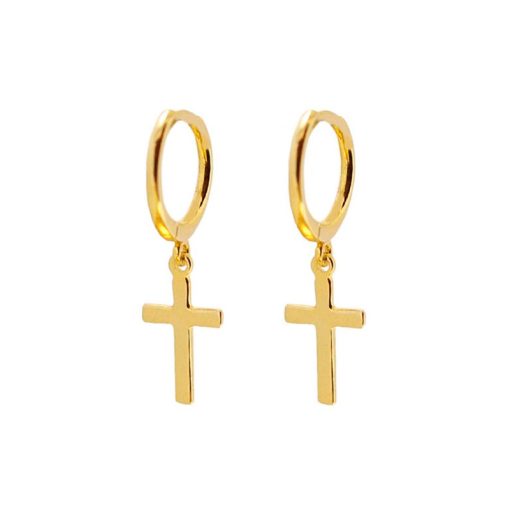 Pendientes Aro Cruz Oro. Pendientes de aro de plata de ley 925 bañados en oro 18k con charm colgante de cruz. Aros dorados con charm de cruz.