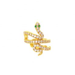 Pendiente Ear Cuff Sneaky Oro. Pendiente sin agujero dorado con una pequeña serpiente de pavé de brillantes, con esmeraldas.
