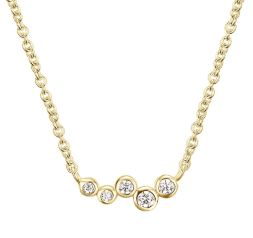 Colgante Chatones Oro minimalista y elegante. Collar de cadena dorado con charms colgantes de chatones, hecho en oro con pequeños diamantes.