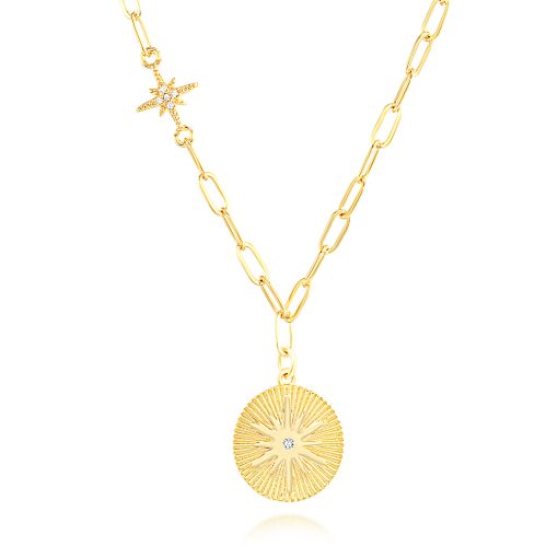 Colgante Medallón Brillantes Oro. Collar de cadena dorado con medallón y estrella con circonitas. Plata de ley 925 bañada en oro 18k y circonitas.