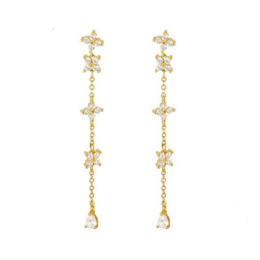Pendientes Largos Flor Oro para fiesta evento. Sofisticados. De oro con diamantes circonitas en forma de pétalos de flor.