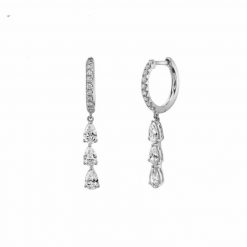 Pendientes Largos Cascada Plata. Preciosos aritos con diamantes que cuelgan. Pendientes largos de aro de Plata con colgante de diamantes.