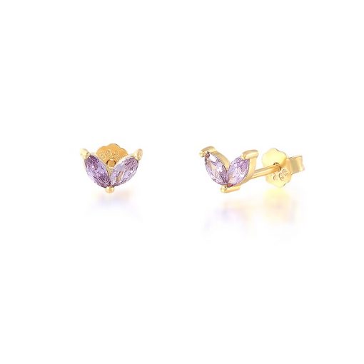 Pendientes Stud Lila Oro. Pequeños pendientes mini chapados en oro 18k con piedras de color lila. Joyas de moda.