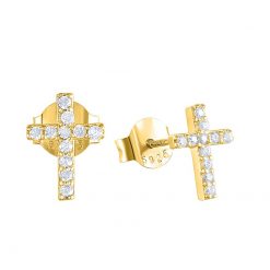 Pendientes de Cruz Brillantes Oro. Pequeños mini Pendientes cruz mujer en plata de ley 925 bañada en oro 18 k con circonitas.