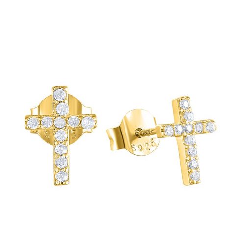 Pendientes de Cruz Brillantes Oro. Pequeños mini Pendientes cruz mujer en plata de ley 925 bañada en oro 18 k con circonitas.
