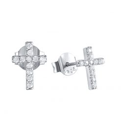 Pendientes de Cruz Brillantes Plata. Pequeños mini Pendientes cruz mujer en plata de ley 925 con circonitas.