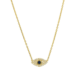 Colgante Mal de Ojo Oro. Collar dorado de cadena con charm colgante en forma de ojo con diamantes, hecho en plata de ley 925 bañado en oro 18k.