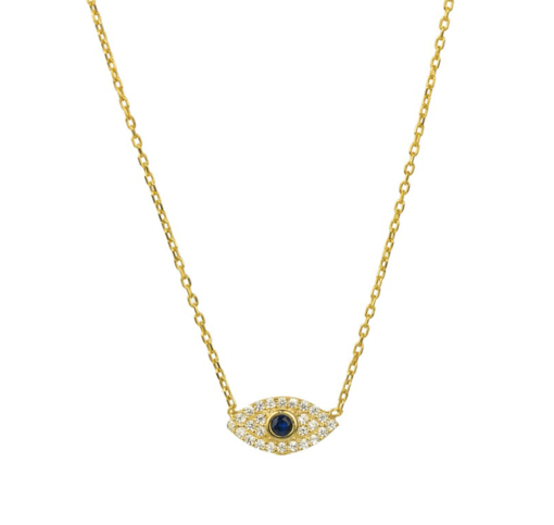 Colgante Mal de Ojo Oro. Collar dorado de cadena con charm colgante en forma de ojo con diamantes, hecho en plata de ley 925 bañado en oro 18k.