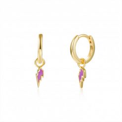 Pendientes Aro Rayo Lila Oro. Aros dorados de plata de ley chapada en oro 18 k con charm colgante de rayo esmaltado en color lila.
