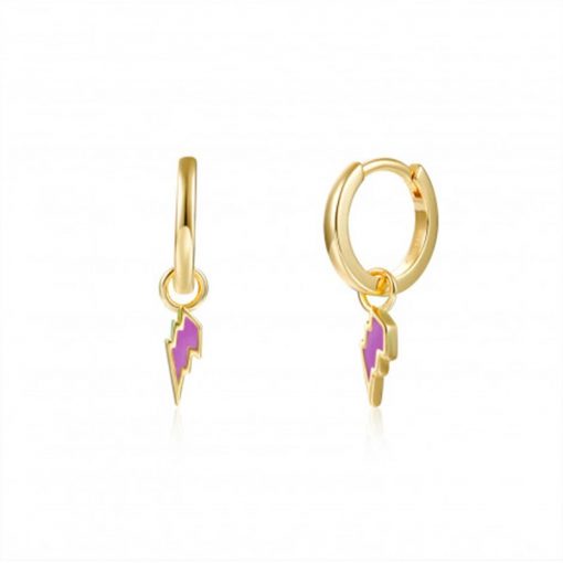 Pendientes Aro Rayo Lila Oro. Aros dorados de plata de ley chapada en oro 18 k con charm colgante de rayo esmaltado en color lila.
