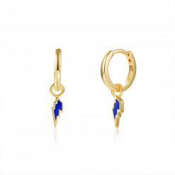 Pendientes Aro Rayo azul Oro. Aros dorados de plata de ley chapada en oro 18 k con charm colgante de rayo esmaltado en color azul.
