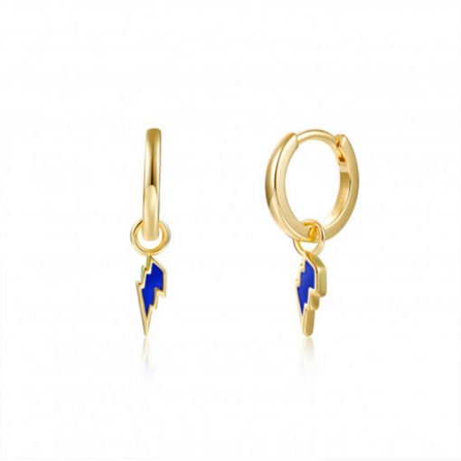 Pendientes Aro Rayo azul Oro. Aros dorados de plata de ley chapada en oro 18 k con charm colgante de rayo esmaltado en color azul.