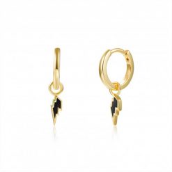 Pendientes Aro Rayo Lila Oro. Aros dorados de plata de ley chapada en oro 18 k con charm colgante de rayo esmaltado en color negro.