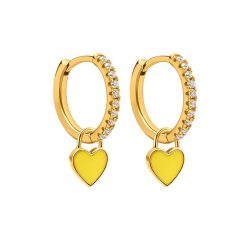 Pendientes Aro Corazón Amarillo Oro ideales. Aros dorados con piedras circonitas y charm colgante en forma de corazón amarillo.