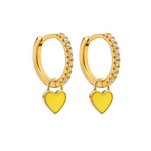 Pendientes Aro Corazón Amarillo Oro ideales. Aros dorados con piedras circonitas y charm colgante en forma de corazón amarillo.