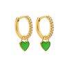 Pendientes Aro Corazón Verde Oro ideales. Aros dorados con piedras circonitas y charm colgante en forma de corazón amarillo.