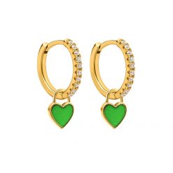 Pendientes Aro Corazón Verde Oro ideales. Aros dorados con piedras circonitas y charm colgante en forma de corazón amarillo.