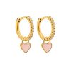 Pendientes Aro Corazón Rosita Oro ideales. Aros dorados con piedras circonitas y charm colgante en forma de corazón rosa claro.
