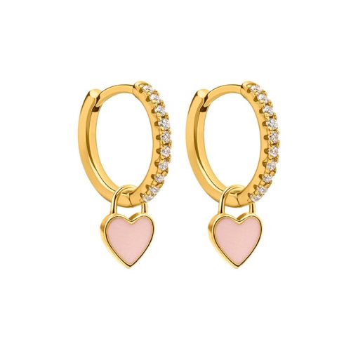 Pendientes Aro Corazón Rosita Oro ideales. Aros dorados con piedras circonitas y charm colgante en forma de corazón rosa claro.