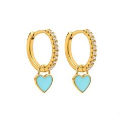 Pendientes Aro Corazón Celeste Oro ideales. Aros dorados con piedras circonitas y charm colgante en forma de corazón azul claro.
