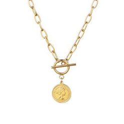 Collar Cadena Moneda Dorado. Collar de cadena dorado de eslabones y colgante de moneda. Collar cadena mujer en color oro con charm moneda.