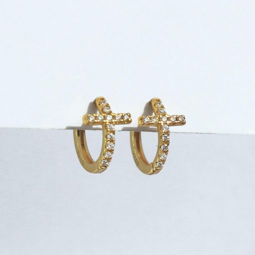 Pendientes Mini Cruz Oro. Pendientes de Aro pequeños dorados plateados de cruz mini con pequeñas circonitass.
