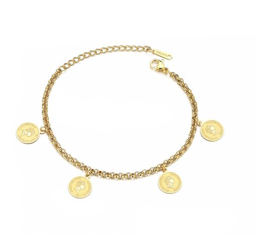 Pulseras con monedas en dorado y plateado. Pulsera y charms realizados en acero inoxidable en color oro o plata.