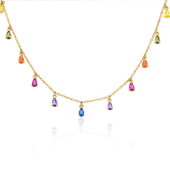 Collar Piedras Colores Multi Oro. Colgante hecho en plata de ley 925 bañado en oro 18 k. Charms de circonitas de colores en forma de lágrima.
