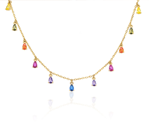 Collar Piedras Colores Multi Oro. Colgante hecho en plata de ley 925 bañado en oro 18 k. Charms de circonitas de colores en forma de lágrima.