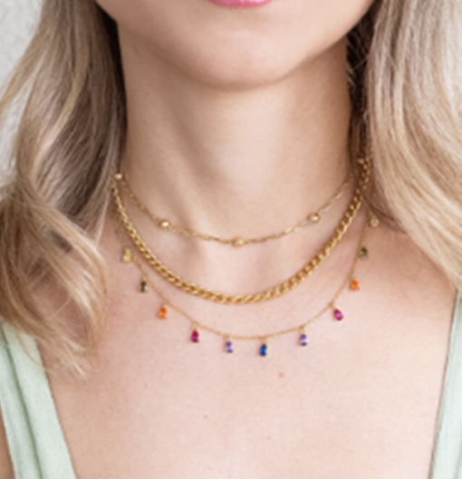 Collar Piedras Colores Multi Oro. Colgante hecho en plata de ley 925 bañado en oro 18 k. Charms de circonitas de colores en forma de lágrima.