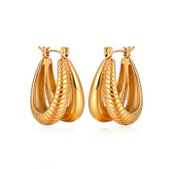 Aros Dorados Gruesos Dobles. Pendientes de Aro gruesos dorados dobles, liso y gallonado, realizados en acero inoxidable. Aros gruesos dorados con forma.