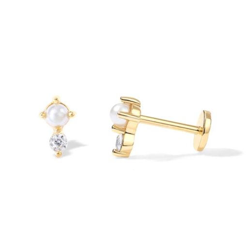 Piercing Perla brillante Dorado. Pendiente Piercing plata de ley 925 dorado con circonita y perla. Piercings en la oreja, lóbulo, cartílago.