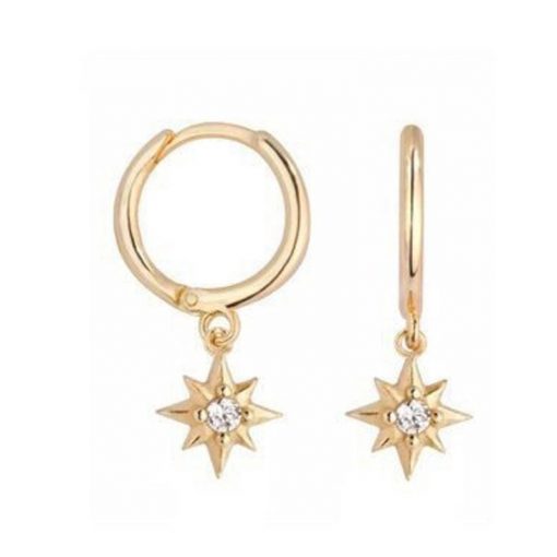 Pendientes Estrella de Aro en Oro con piedra brillante circonita. Pendientes aro con estrella colgante dorados en plata de ley 925 chapados en oro 18 k.