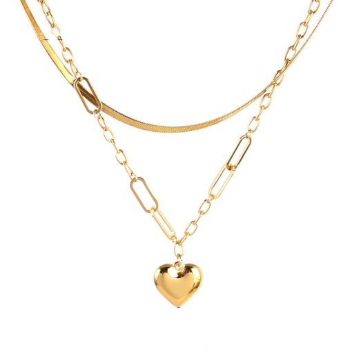 Colgante Corazón Brillante Oro Doble. Colgante de cadena dorado mujer con charm en forma de corazón y cadena plana. Hecho en acero inoxidable.