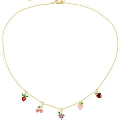 Collar piedras colores con colgantes de frutas. Colgante dorado de plata de ley 925 bañada en oro 18k con charms de circonitas de colores.