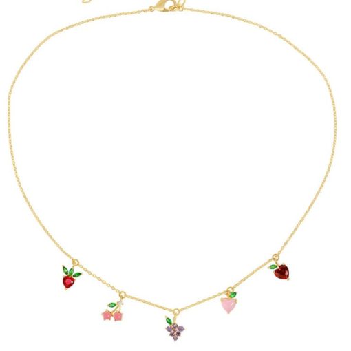Collar piedras colores con colgantes de frutas. Colgante dorado de plata de ley 925 bañada en oro 18k con charms de circonitas de colores.