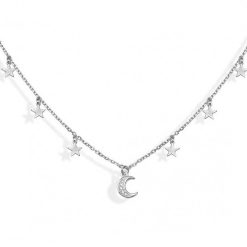 Colgante Estrellas y Luna Plata. Delicado collar plateado en plata de ley 925 con colgantes en forma de estrellas y luna con circonitas.