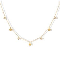 Collar Círculos y Estrellas Oro 18k. Colgante dorado con charms de círculos con circonitas y estrellas minimalista y elegante. Collar de cadena de oro.