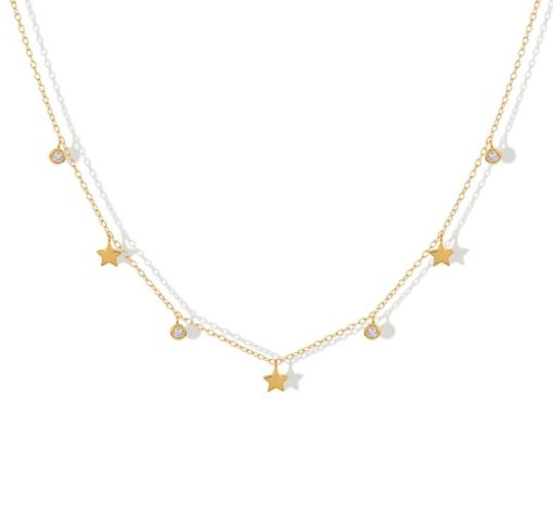 Collar Círculos y Estrellas Oro 18k. Colgante dorado con charms de círculos con circonitas y estrellas minimalista y elegante. Collar de cadena de oro.