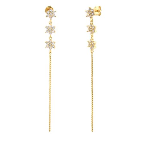 Pendientes Largos Cascada Oro 18k. Preciosos pendientes con estrellas de circonitas que cuelgan. Pendientes largos de plata de ley 925 bañada en oro 18k.