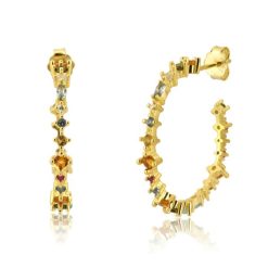 Pendientes Aro Multicolor Oro 18k. Elegantes. Atemporales. Pendientes de aro con piedras de colores de circonitas. Aros oro.